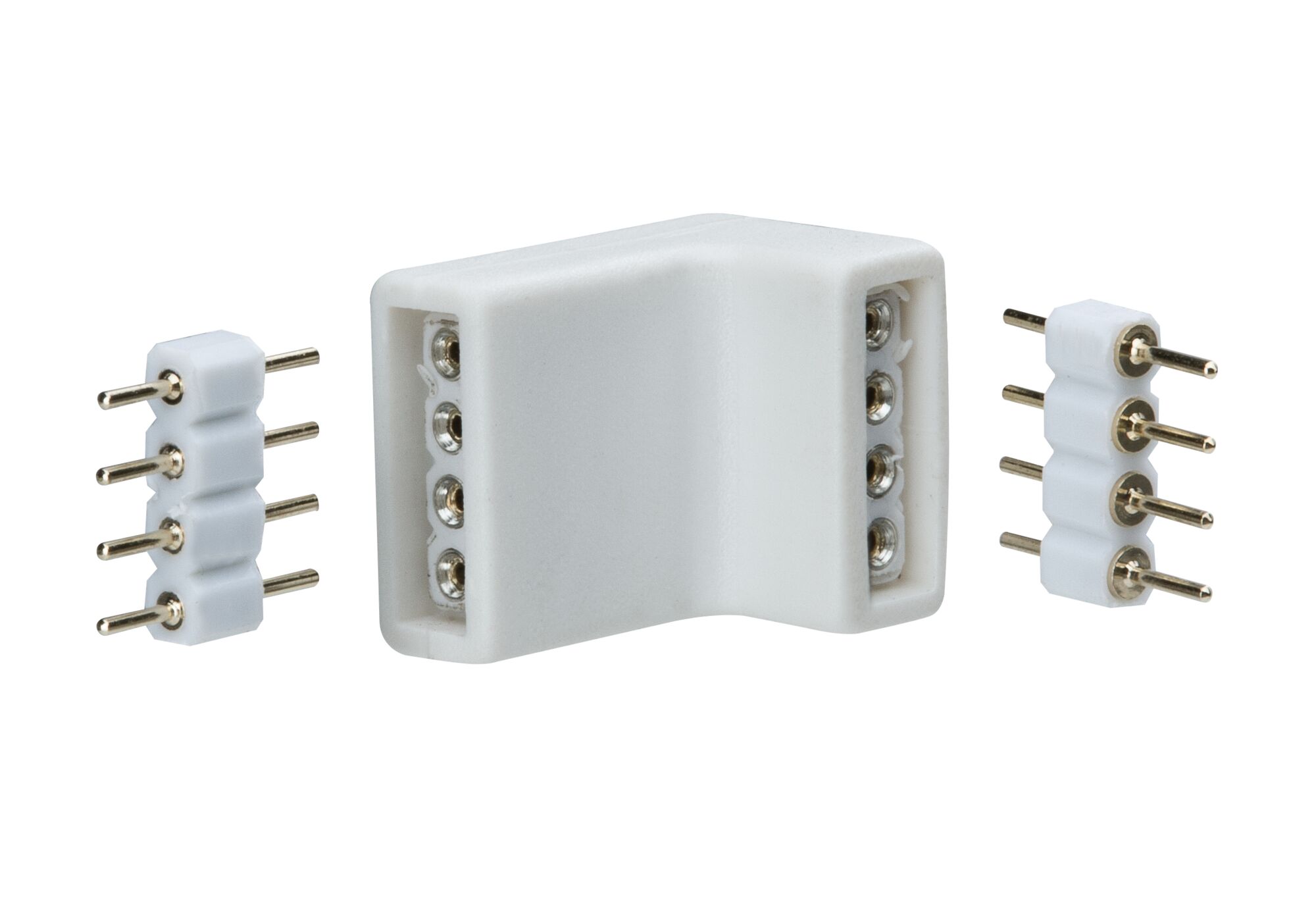 White plastic angled connector with metal pins for LED light strips, electrical connection part.