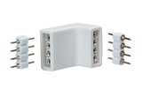 White plastic angled connector with metal pins for LED light strips, electrical connection part.