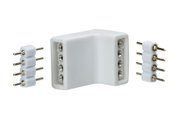 Witte kunststof hoekconnector met metalen pinnen voor LED-lichtstrips, elektrisch aansluitingsdeel.