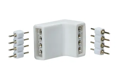 White plastic angled connector with metal pins for LED light strips, electrical connection part.