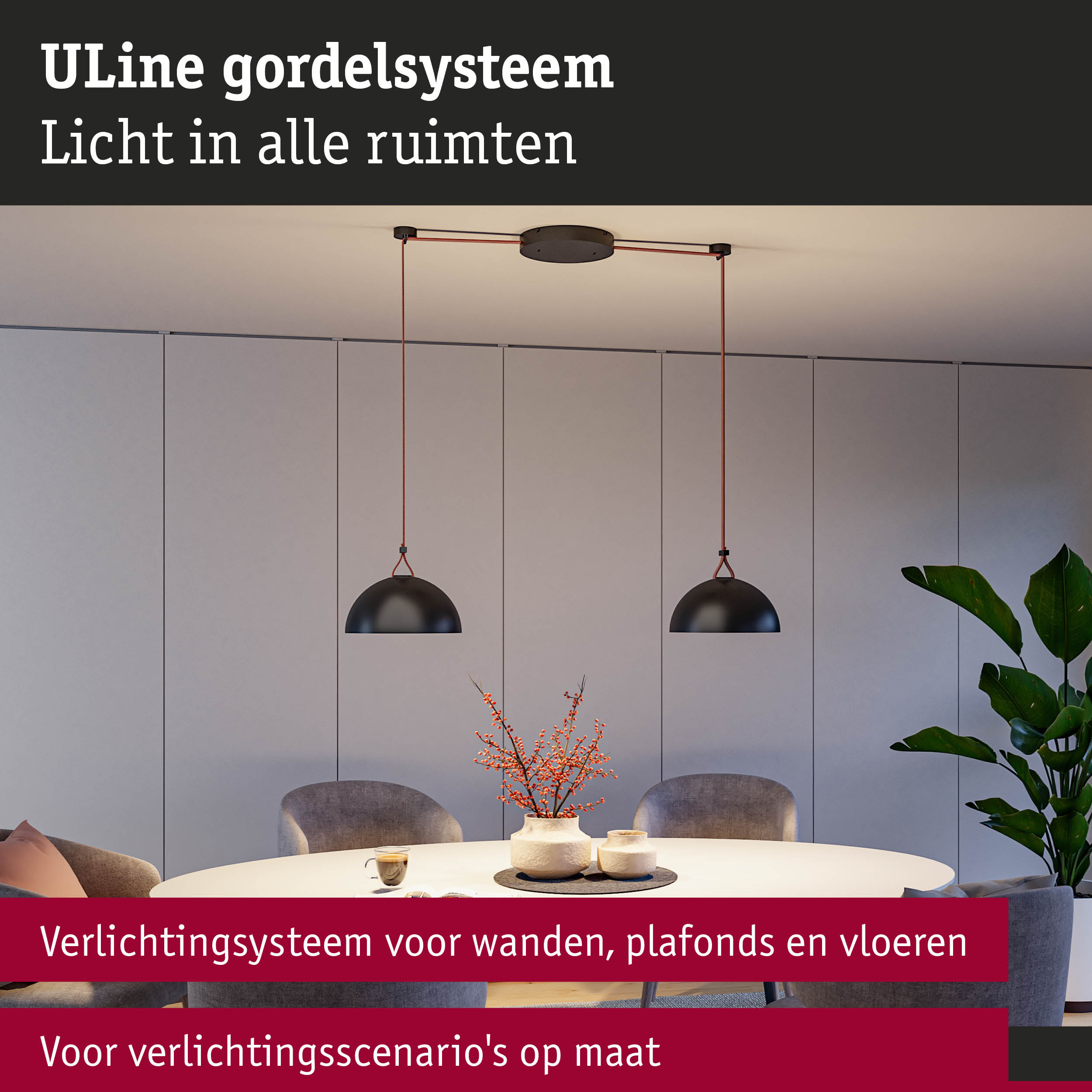 Modern ULine gordelsysteem met zwarte metalen lampen en rode kabels boven witte eettafel