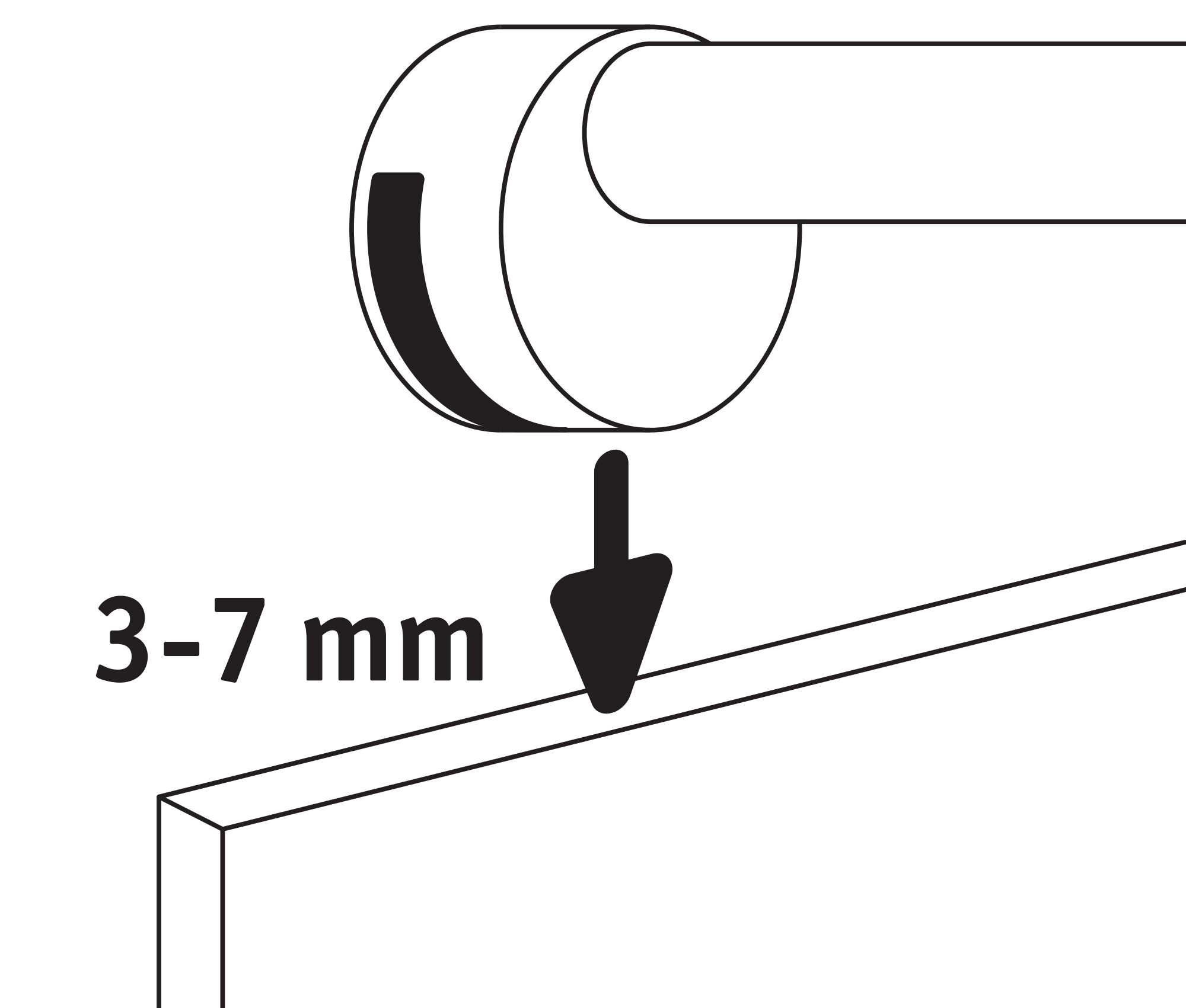 Technical drawing showing 3-7 mm gap between wall mount and mirror glass.