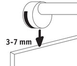 Dessin technique montrant un espace de 3-7 mm entre le support mural et le verre du miroir.