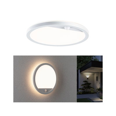Runde weiße LED-Außenleuchte aus Kunststoff mit Bewegungsmelder für Hauswandbeleuchtung.