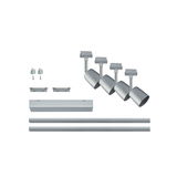 Silver metal track lighting system with four adjustable spotlights for versatile room illumination