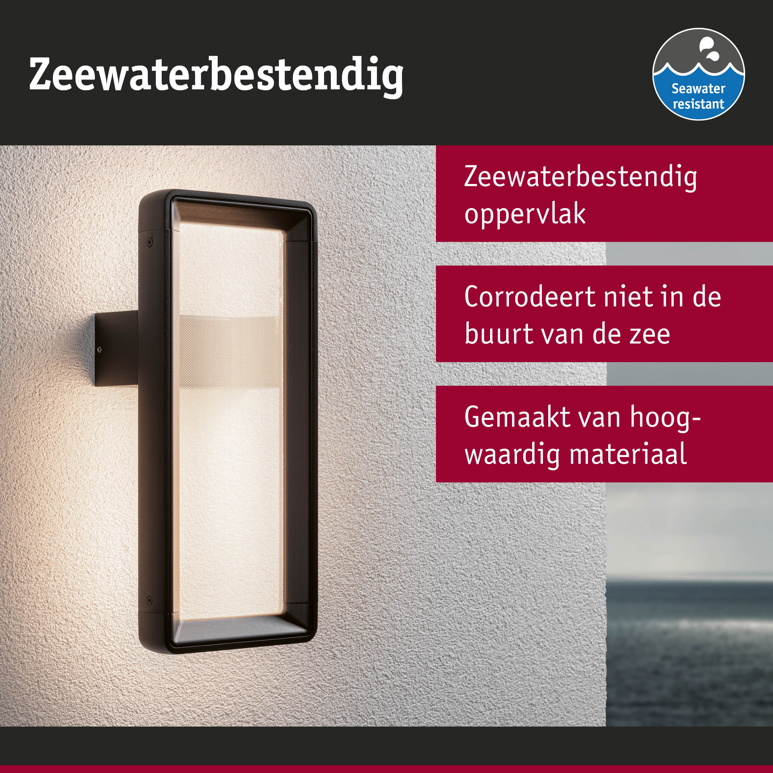 Zwarte buitenwandlamp met zeewaterbestendig oppervlak, geschikt voor buitenverlichting aan de kust