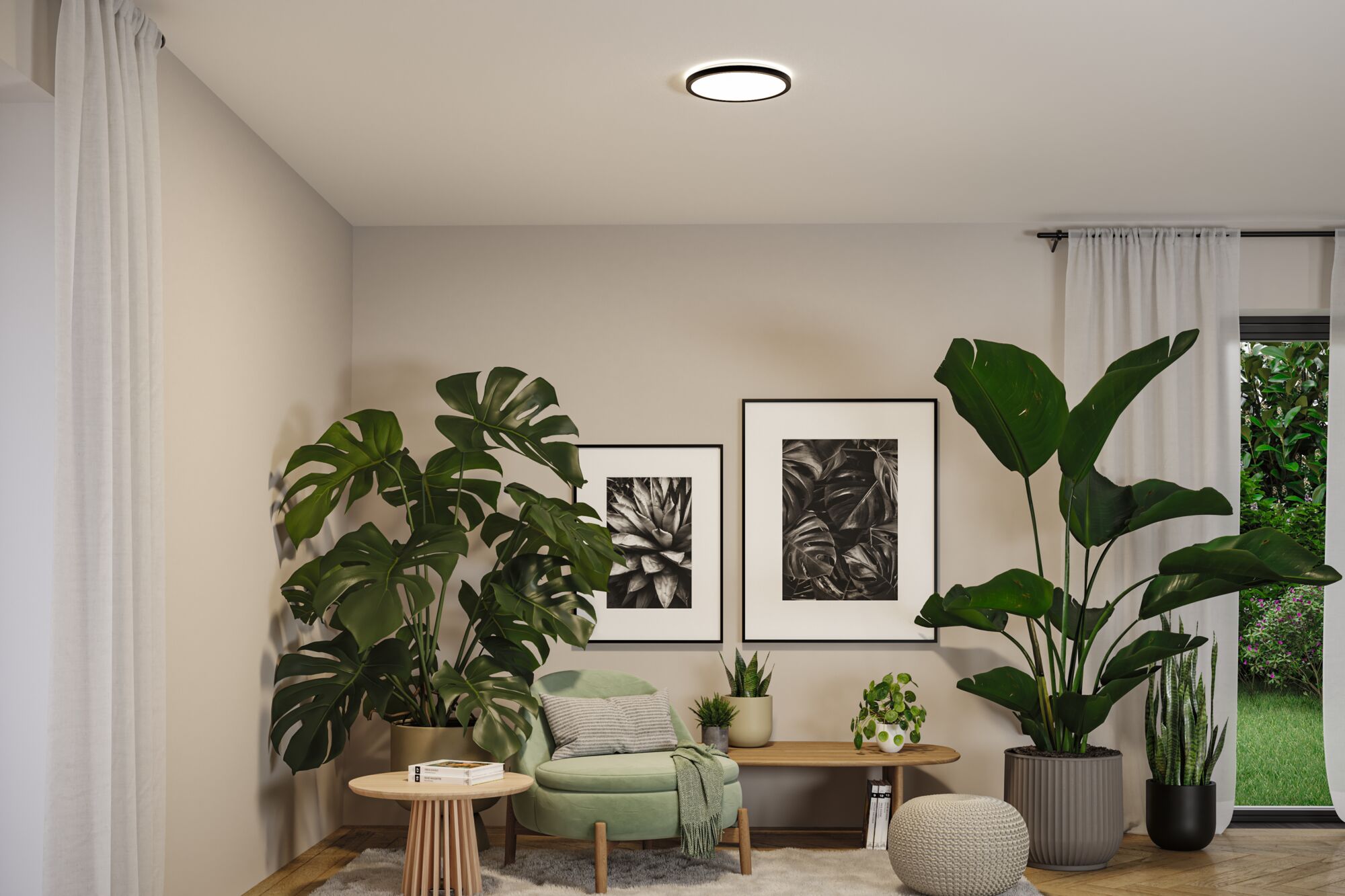 Round ceiling light with white illumination in modern living room featuring green plants and beige armchair.