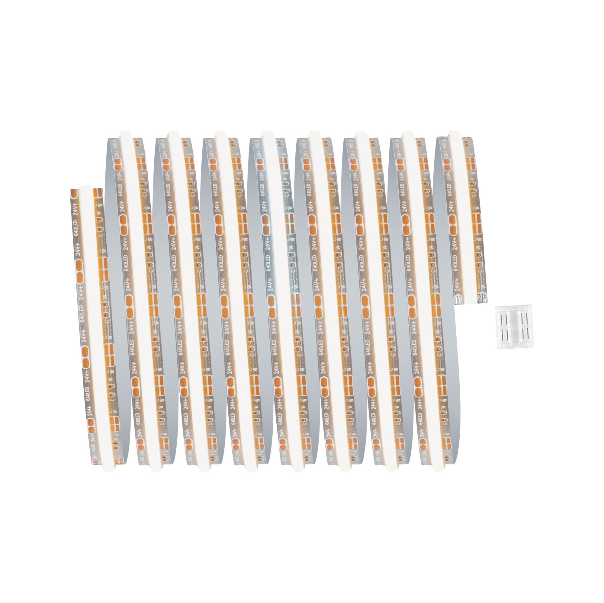 Flexible LED-Lichtleiste mit 24V, weißem Licht und orangefarbenen Kontakten für vielseitige Beleuchtung.