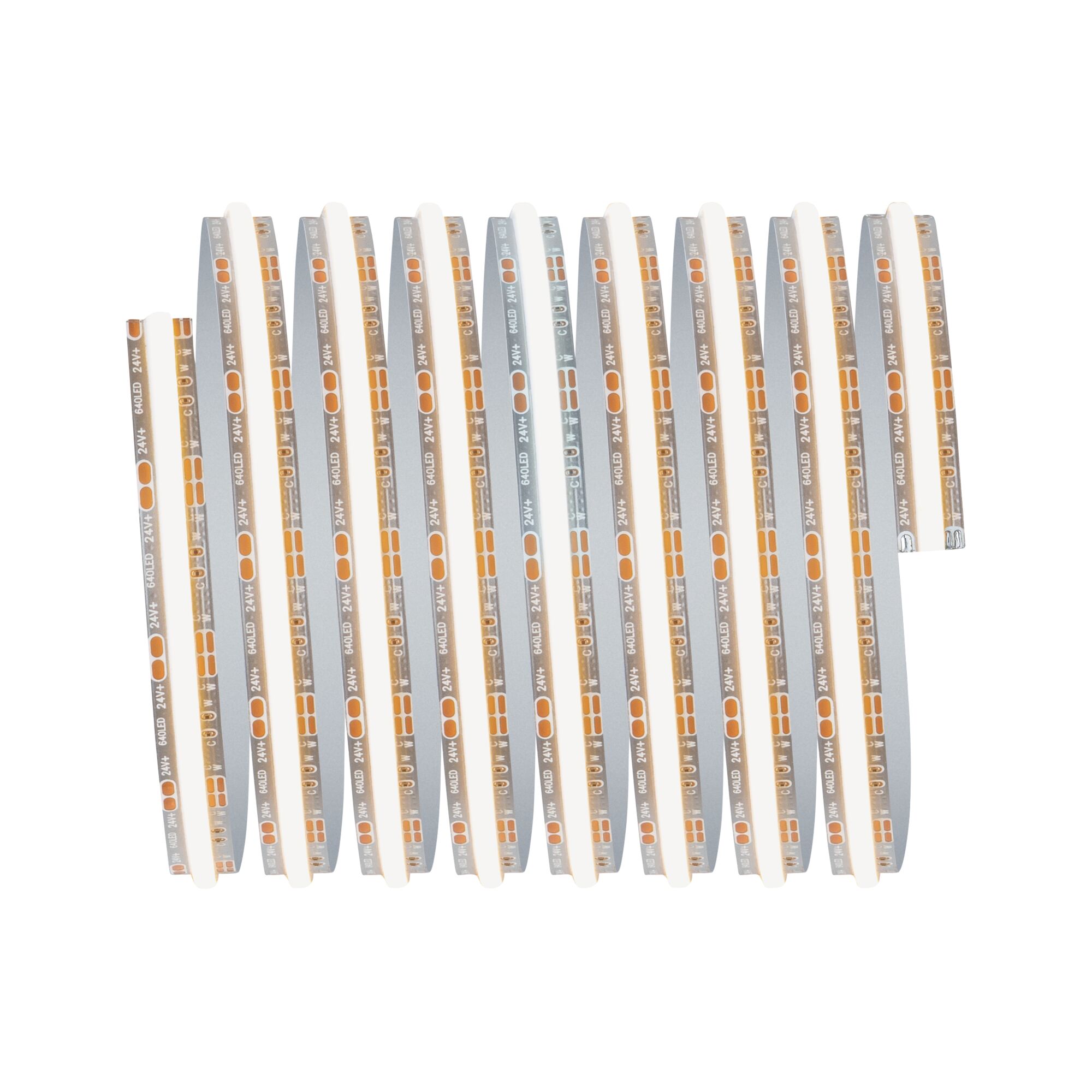 Flexible LED-Lichtleiste mit 24V, weißem Licht und orangefarbenen Kontakten für vielseitige Beleuchtung.