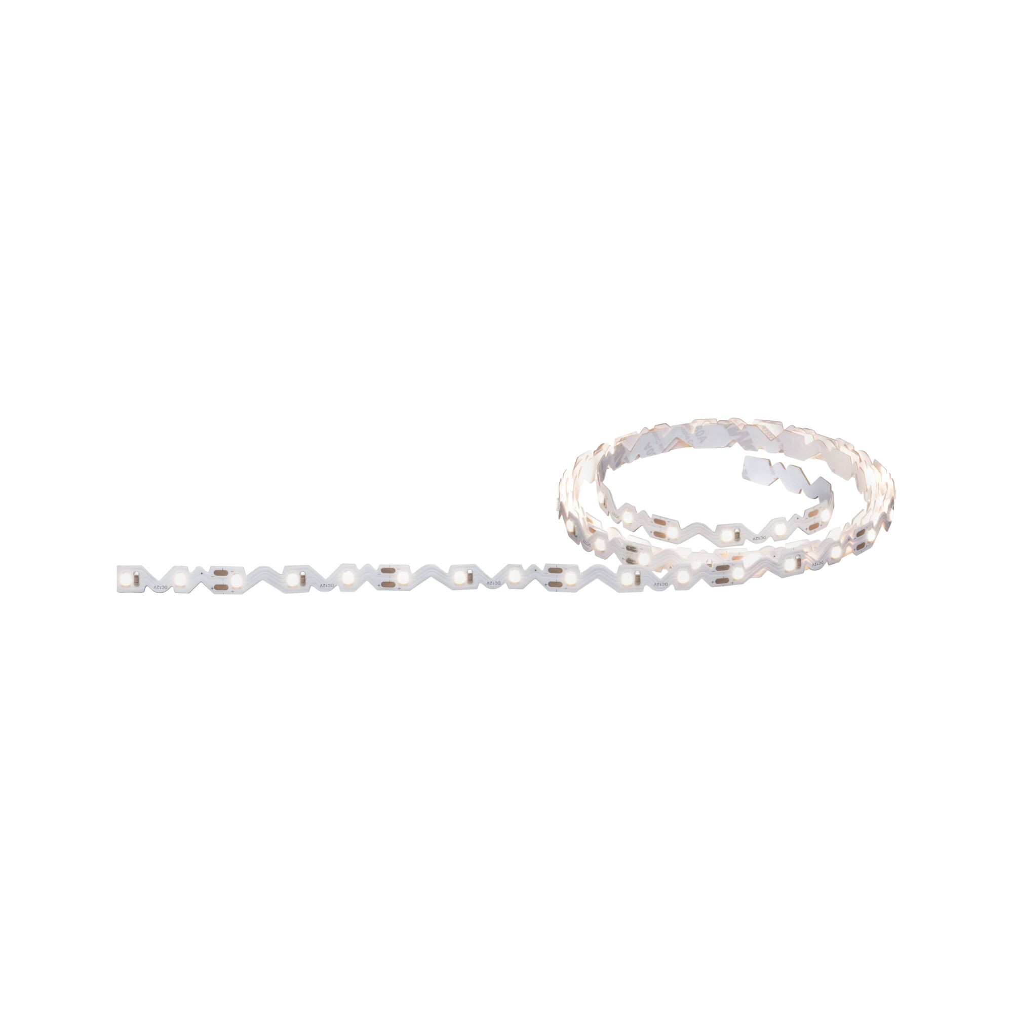 Flexible white LED strip light with zigzag pattern for decorative lighting and accents.