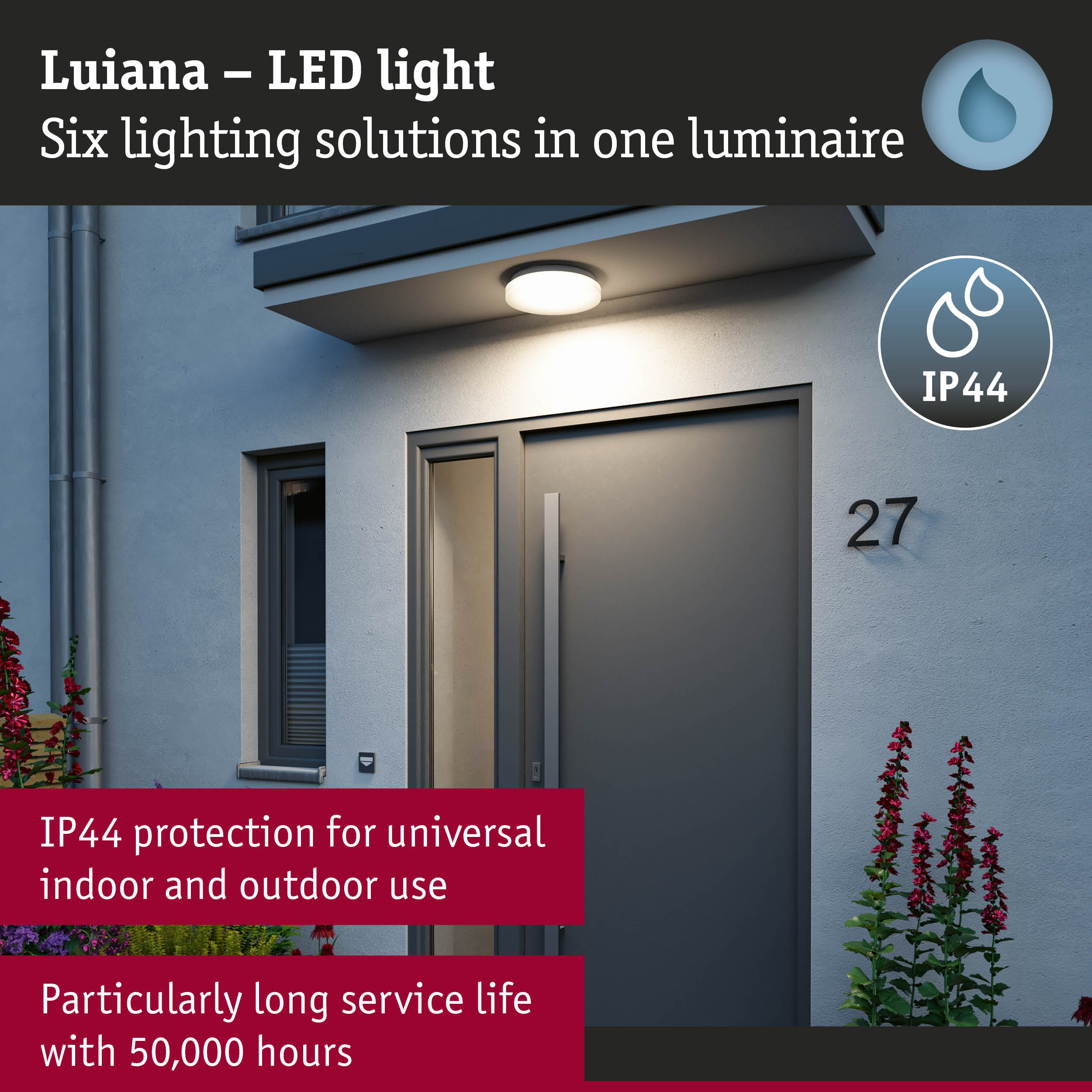Luiana white LED light with IP44 protection for versatile indoor and outdoor lighting solutions