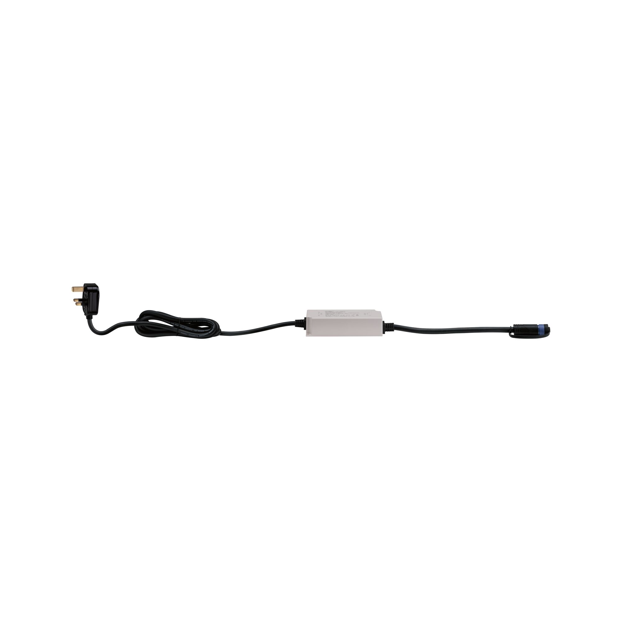 Electric connection cable with white inline device and black plug for LED lighting systems