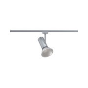 Moderner silberner LED-Strahler aus Metall an Schienensystem für flexible Beleuchtung