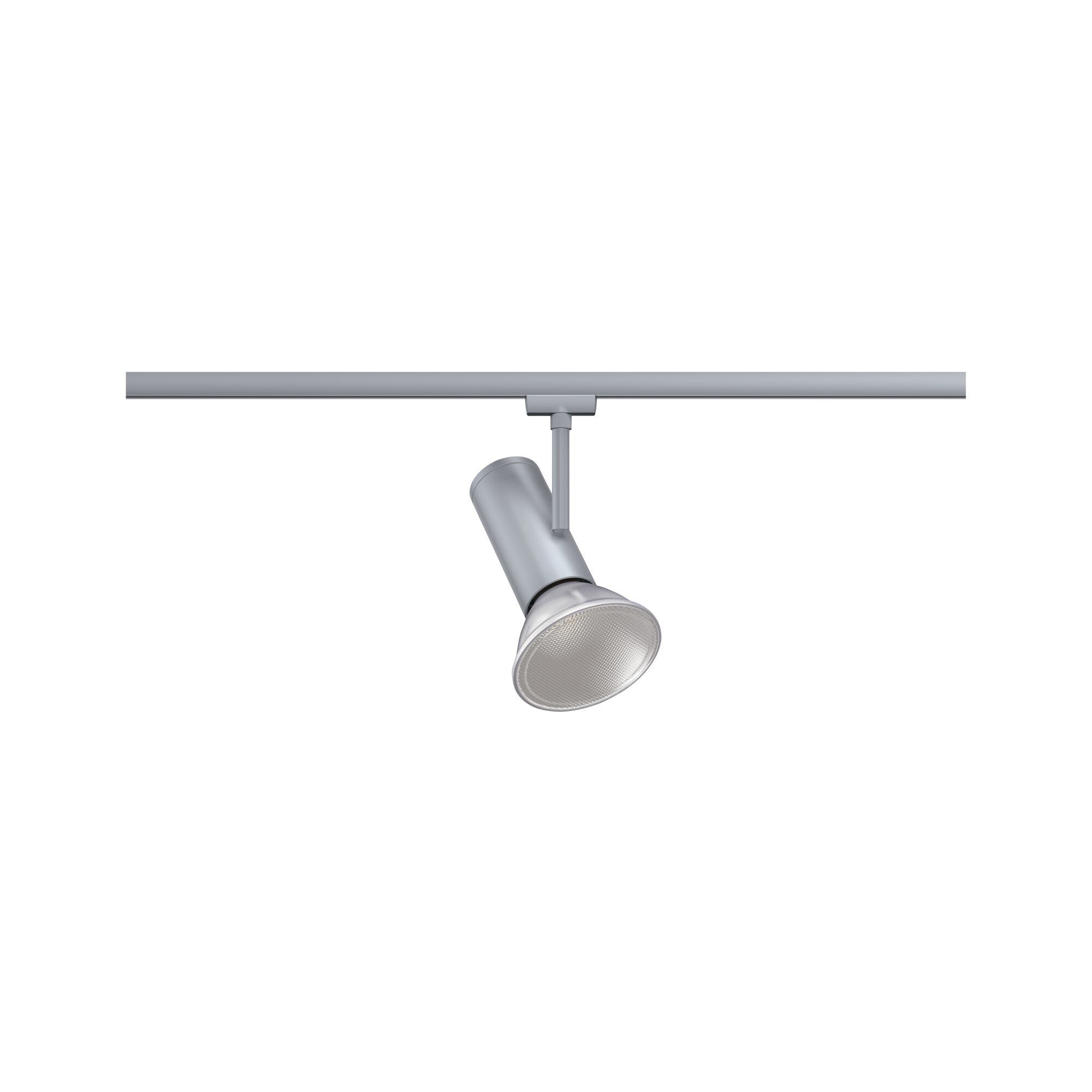 Moderner silberner LED-Strahler aus Metall an Schienensystem für flexible Beleuchtung