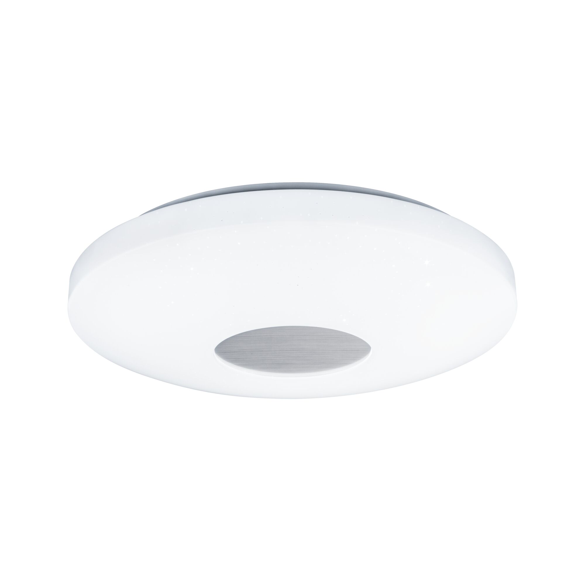 Round white acrylic ceiling light with star effect and silver metal center for living spaces