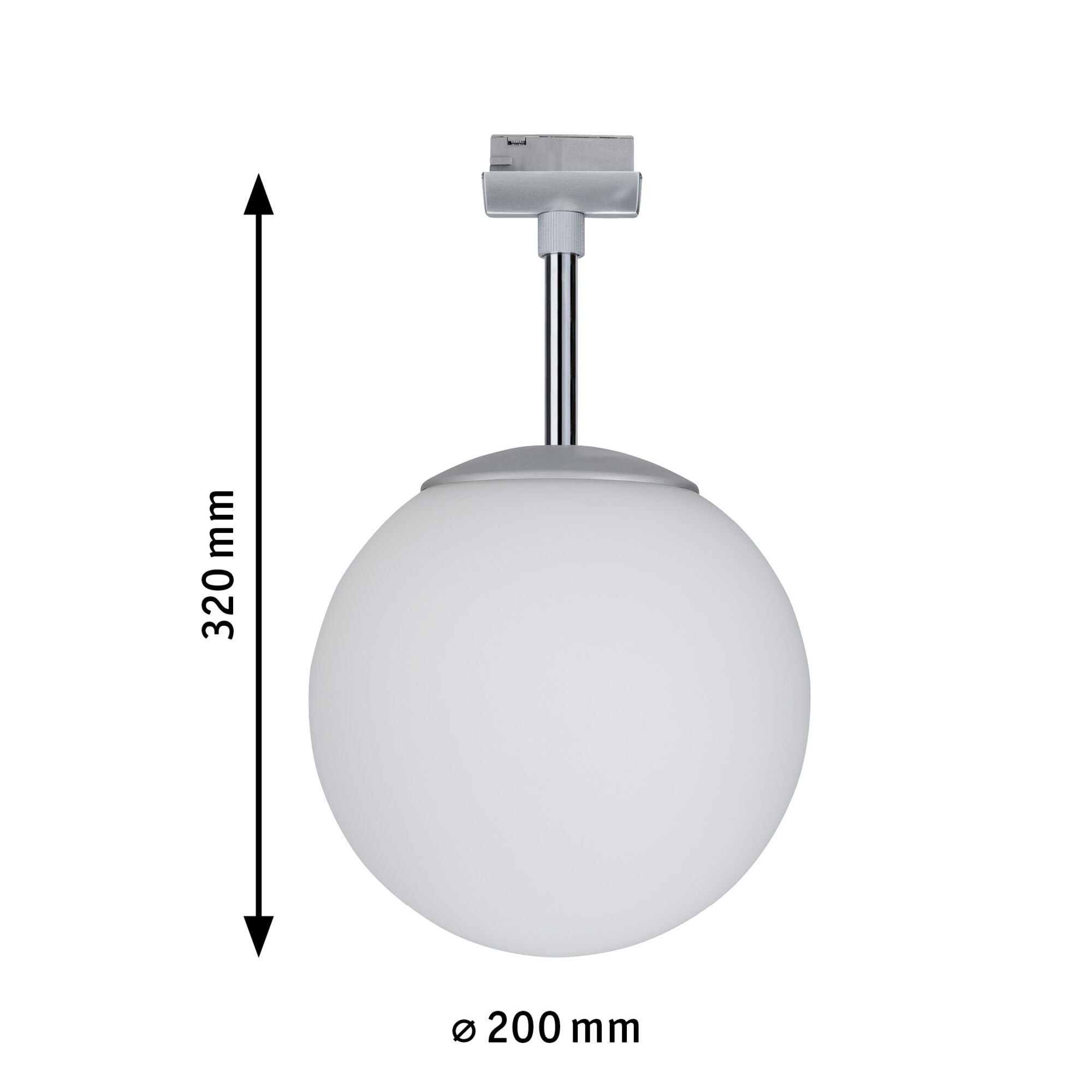 Plafonnier rond en verre blanc avec support métal argenté, diamètre 200 mm, hauteur 320 mm