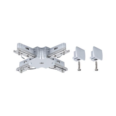 Silver aluminum connector for LED tracks with two end caps and screws for lighting systems