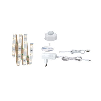 Witte LED-strip met bewegingssensor, adapter en kabels voor veelzijdige verlichtingsoplossingen