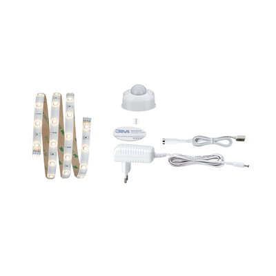 White LED strip light with motion sensor, power adapter, and cables for versatile lighting setups