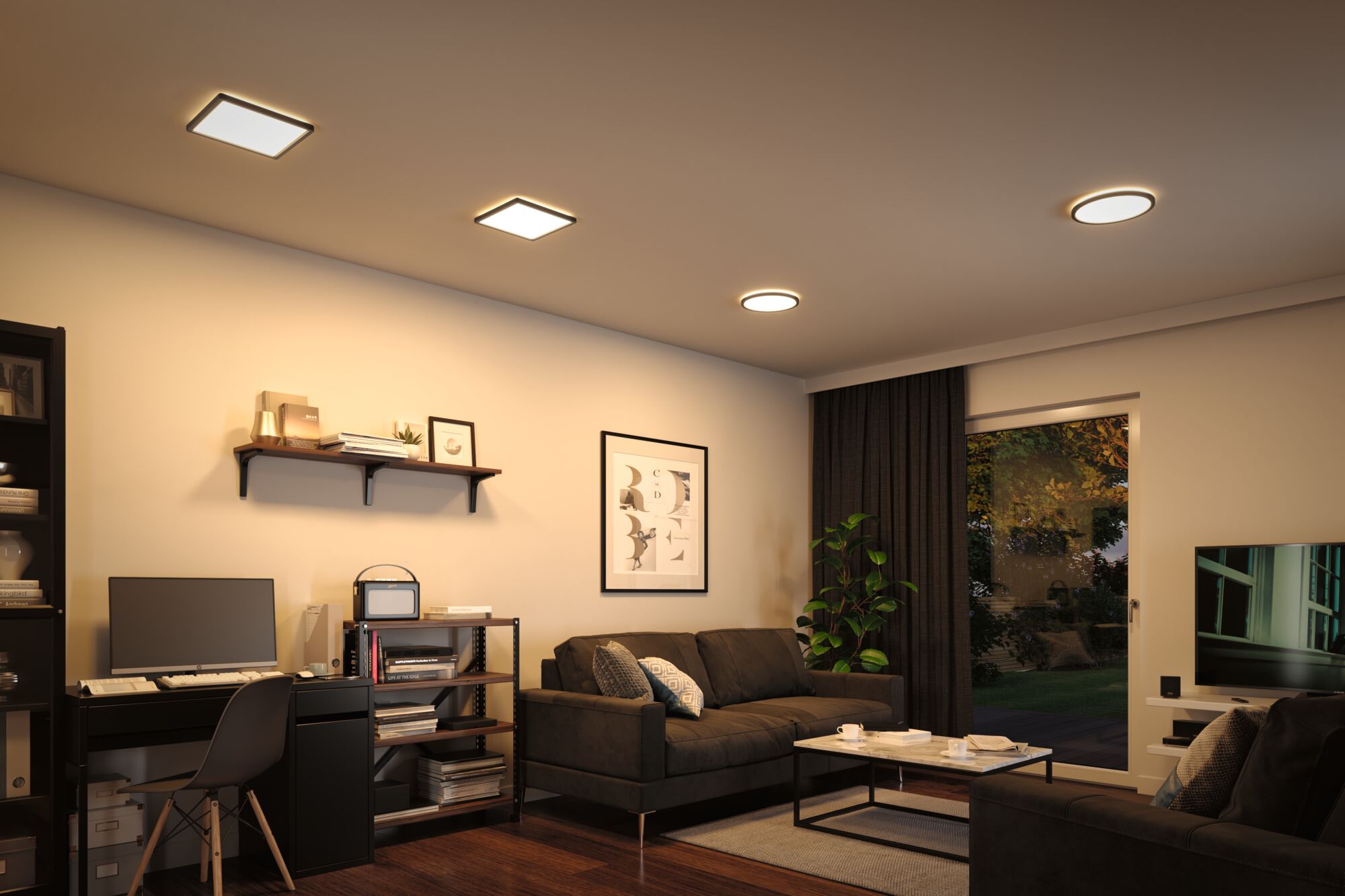 Salon moderne avec meubles noirs et plafonniers LED blanc chaud pour un éclairage d'ambiance confortable