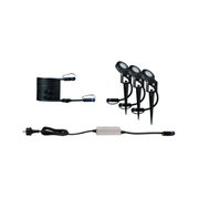 Ensemble de trois spots LED de jardin noirs avec piquets et câble avec transformateur pour éclairage extérieur