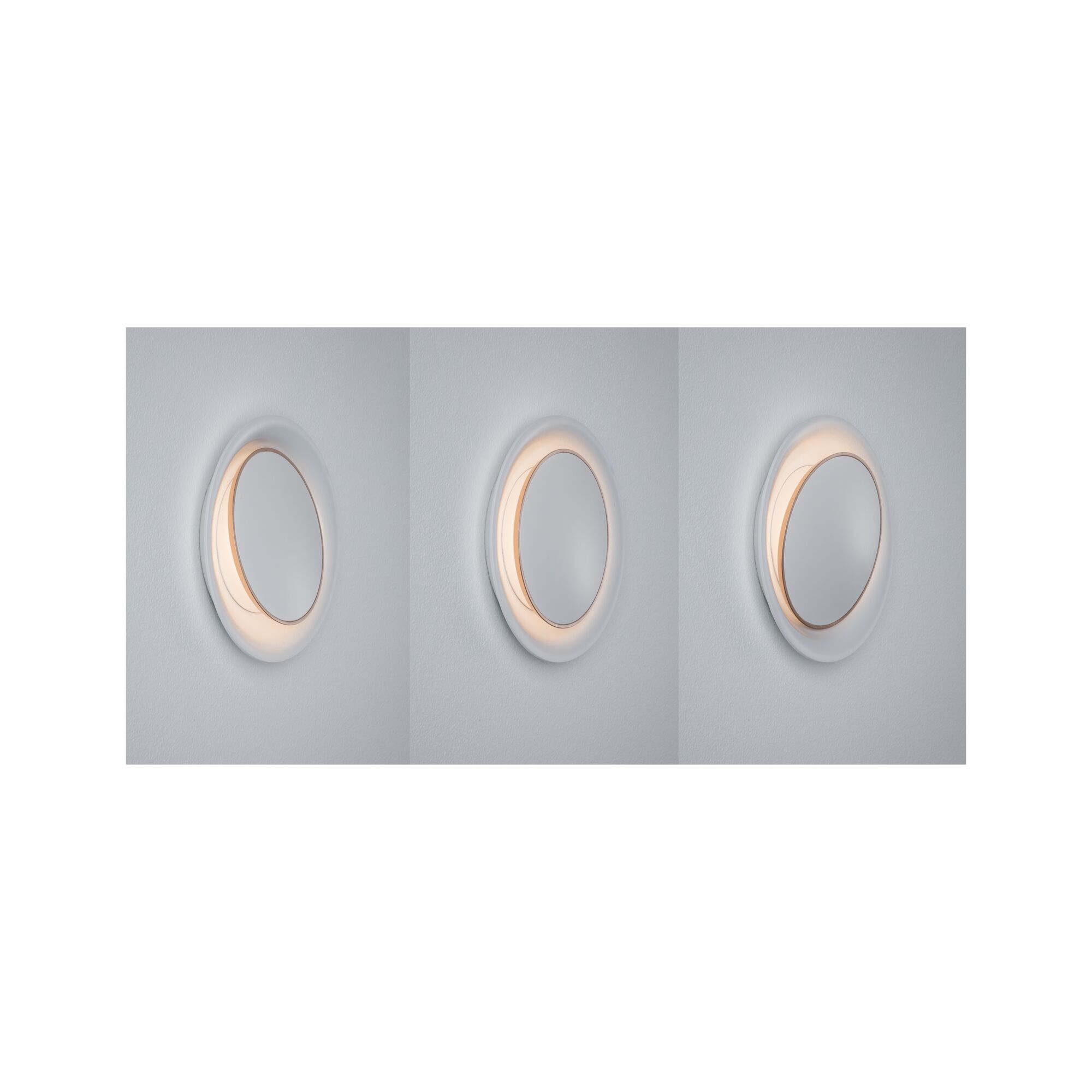 Drei weiße LED-Wandleuchten mit warmweißem Licht und rundem Design für moderne Innenbeleuchtung