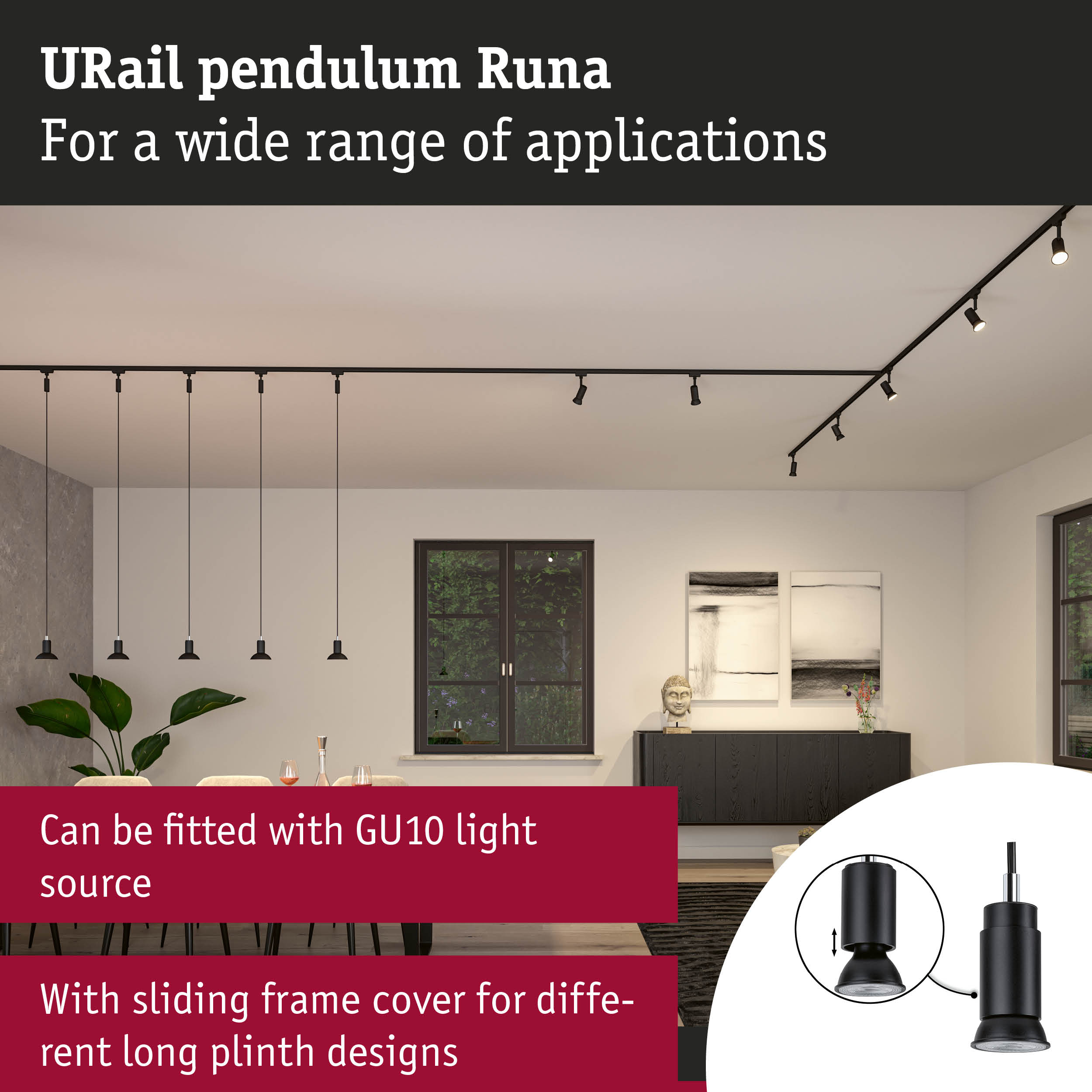 Black URail Runa pendant light with GU10 fitting and adjustable frame for versatile lighting solutions.