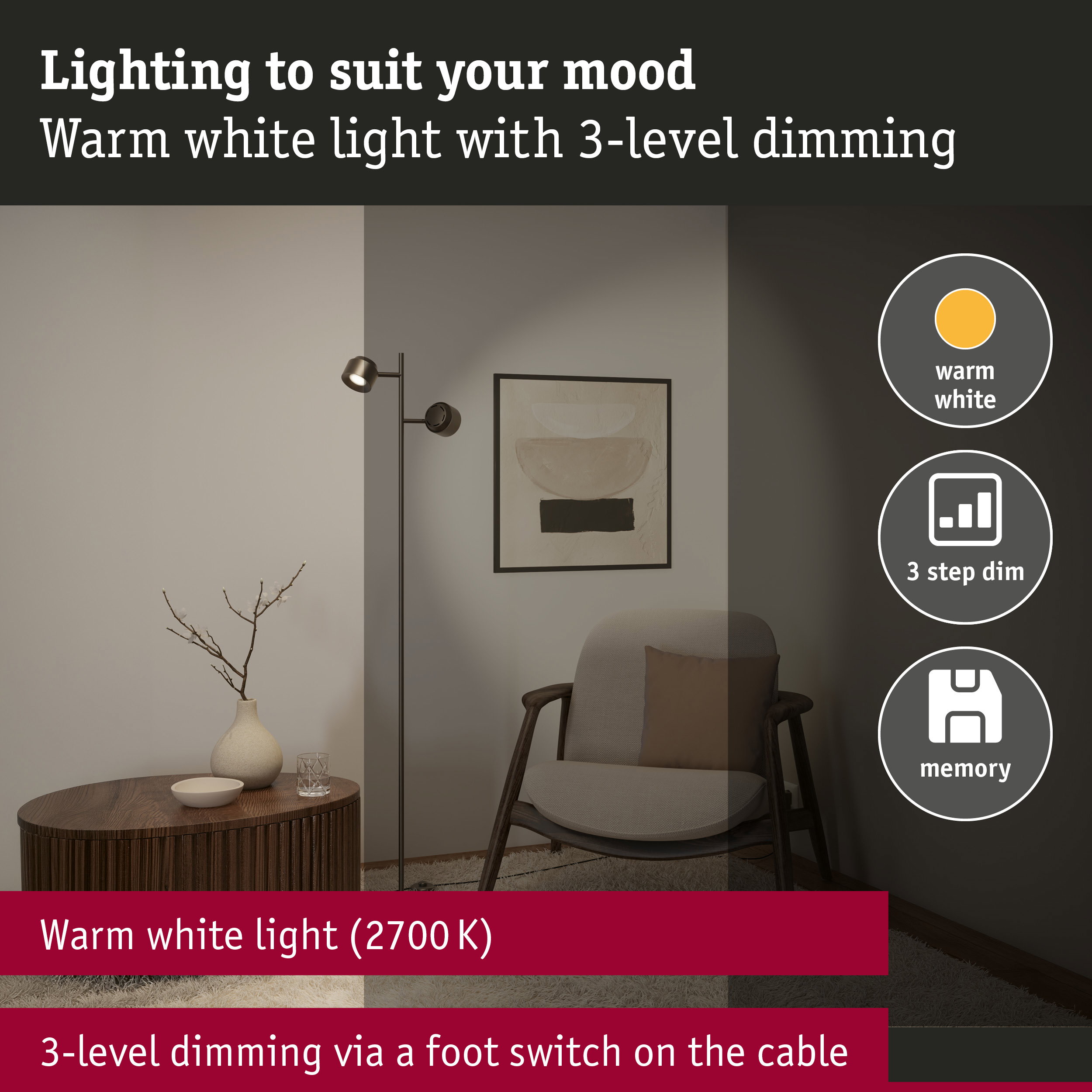LED Floor lamp Pane 2700K 2x315lm 2x2,2W Titanium