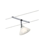 Moderne kabelspot met chroomkleurig metaal en witte glazen kap voor stijlvolle verlichting
