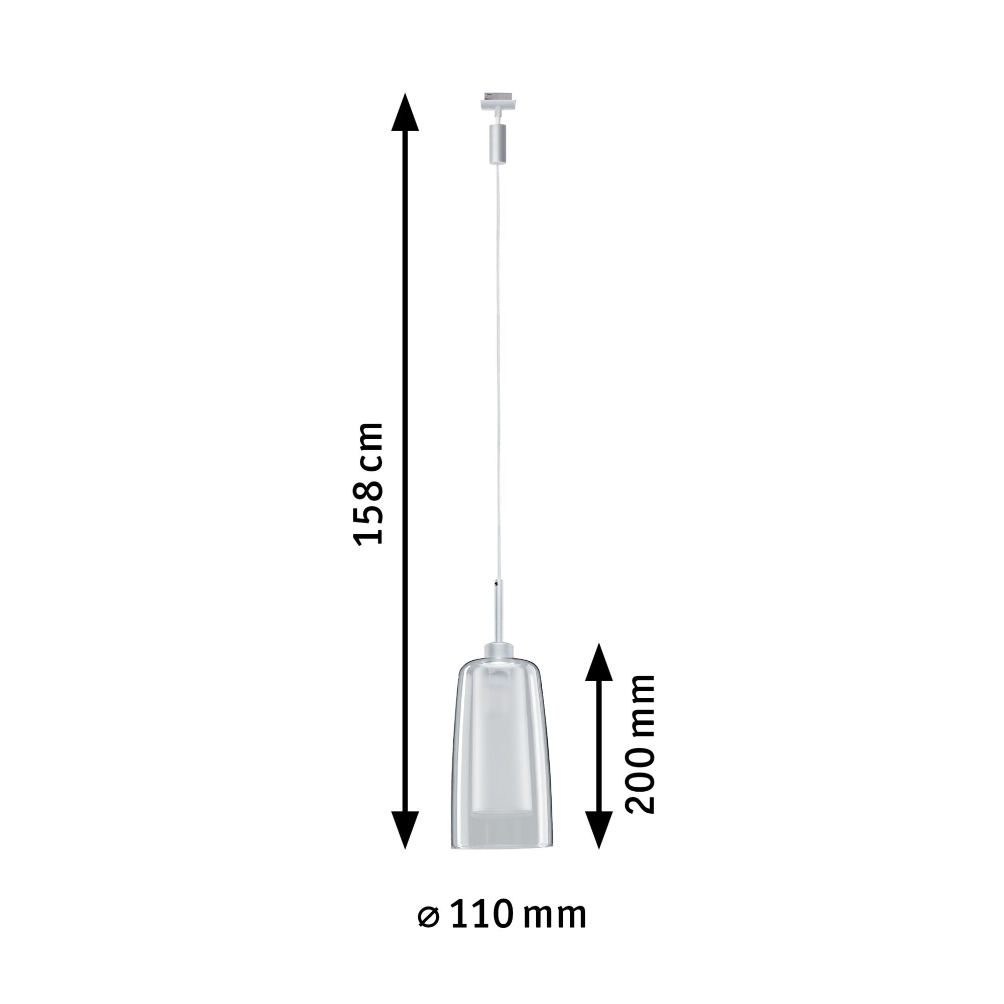 Pendellampe med klart glas og sølvfarvet metalholder, 158 cm lang, moderne boligbelysning