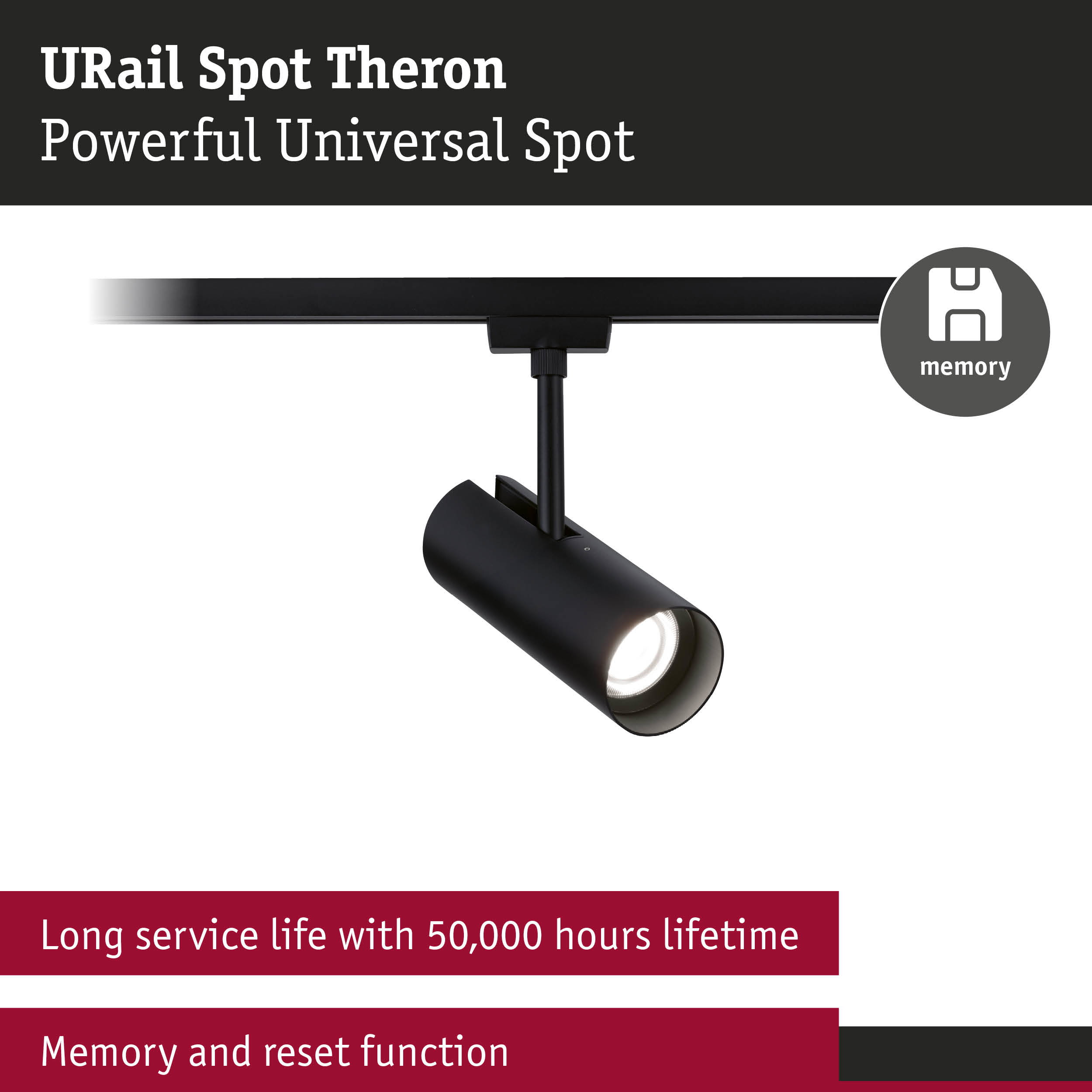 Black URail Spot Theron LED spotlight with memory function and long 50,000 hours service life
