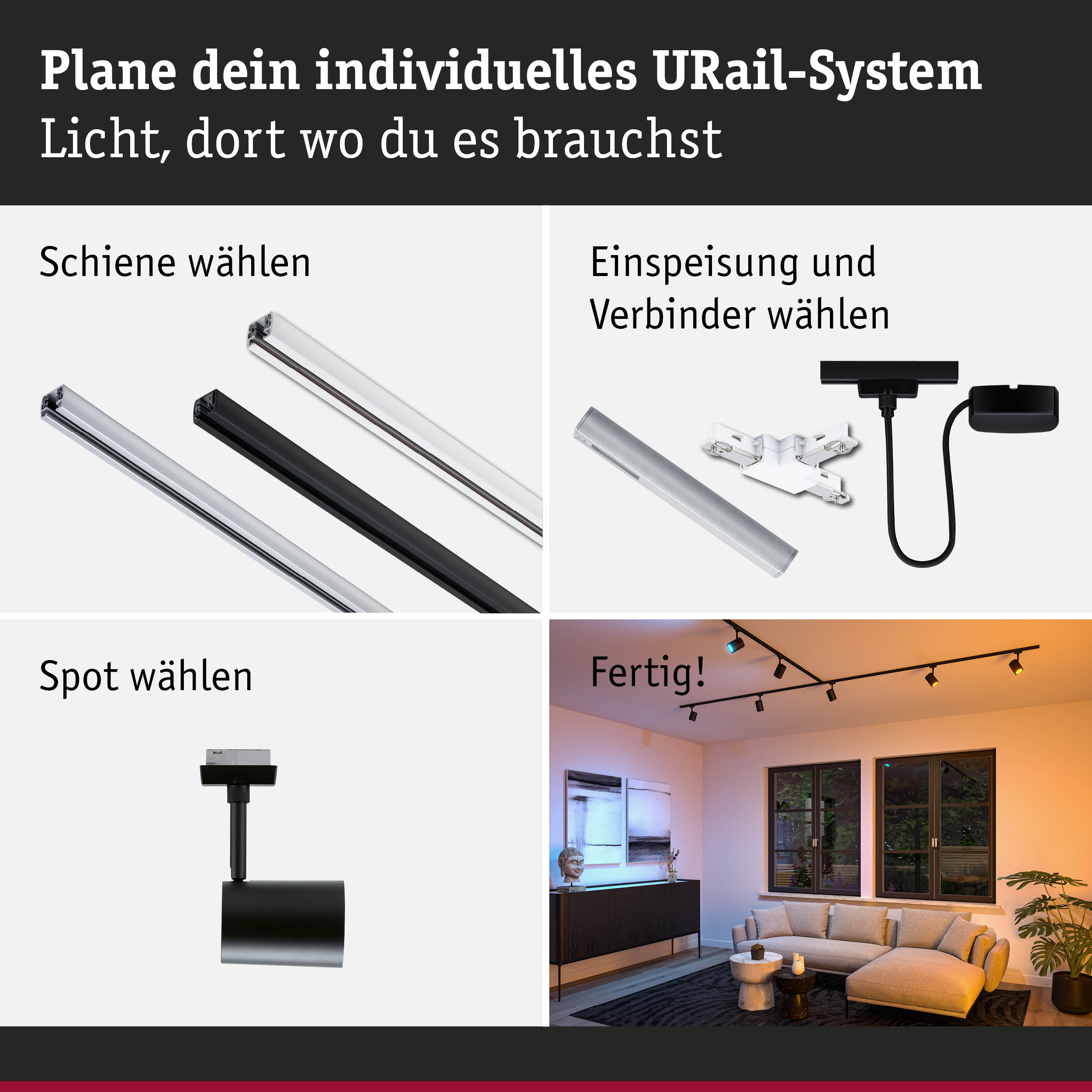 Modulares URail-Schienensystem mit weißen und schwarzen Schienen, Steckern und Spots für flexible LED-Beleuchtung
