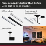Modulares URail-Schienensystem mit weißen und schwarzen Schienen, Steckern und Spots für flexible LED-Beleuchtung