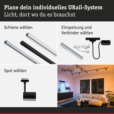 Modulares URail-Schienensystem mit weißen und schwarzen Schienen, Steckern und Spots für flexible LED-Beleuchtung