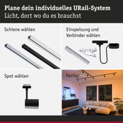 Modulares URail-Schienensystem mit weißen und schwarzen Schienen, Steckern und Spots für flexible LED-Beleuchtung