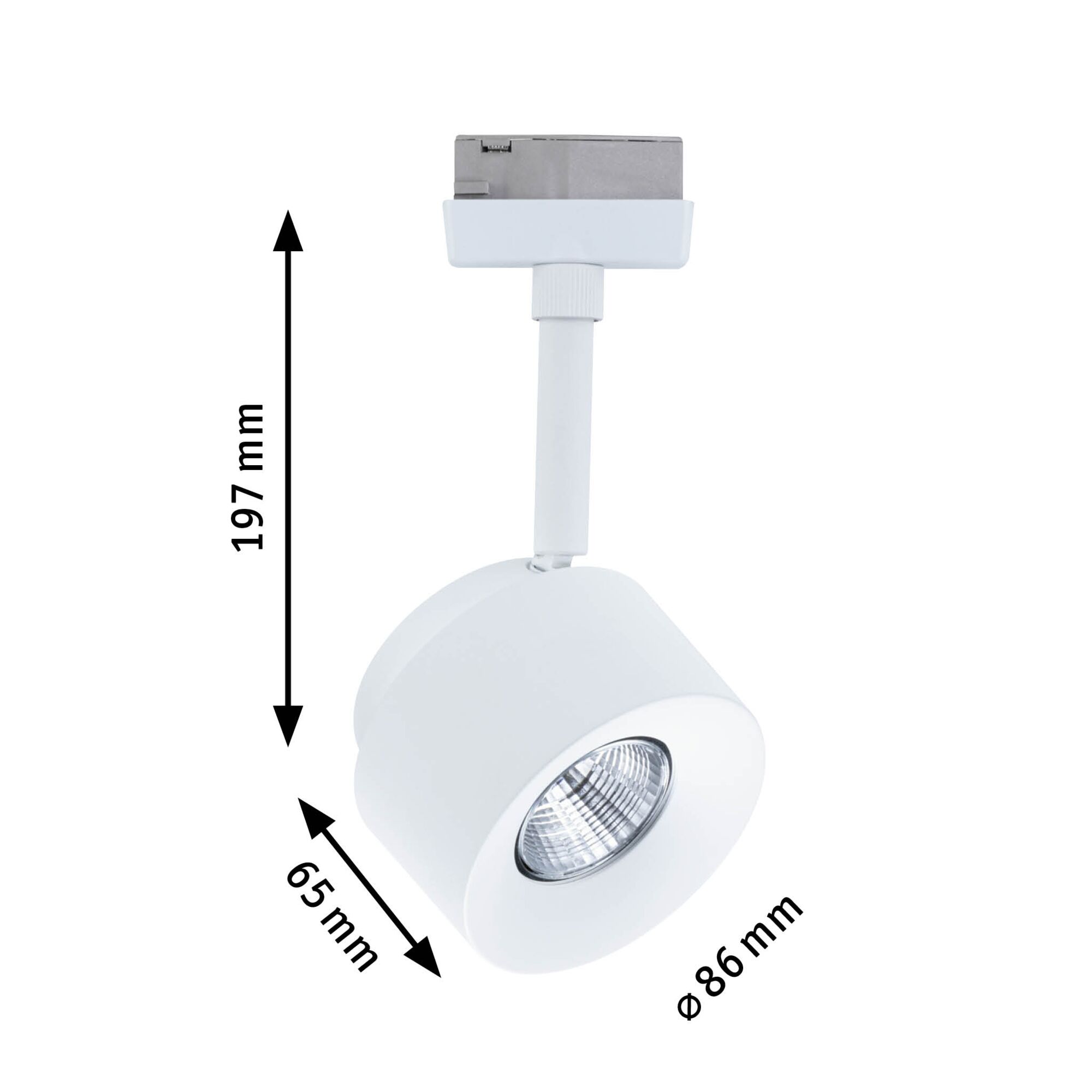 Weißer LED-Spot aus Metall mit 197 mm Höhe und 86 mm Durchmesser für Schienensysteme