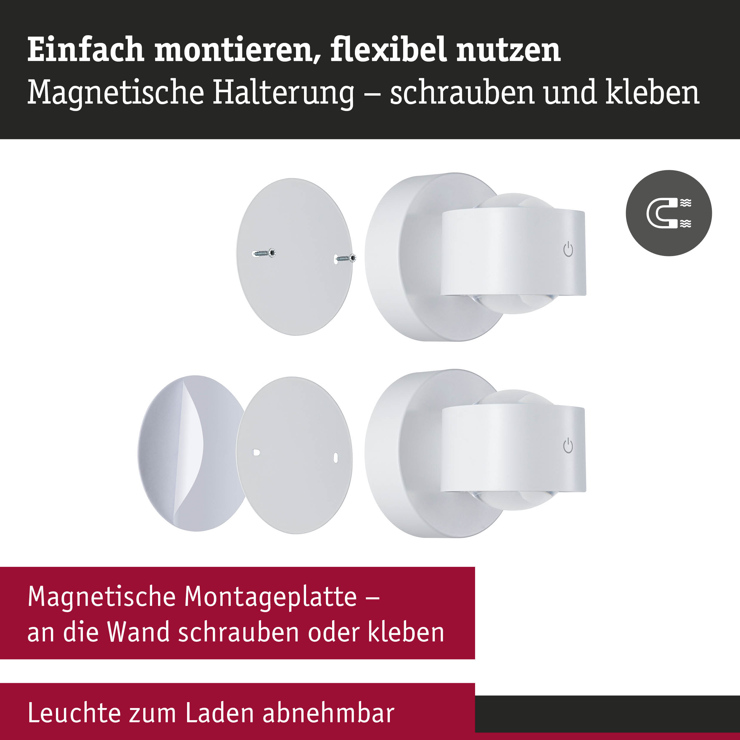 Weiße magnetische Halterung mit Montageplatte zum Schrauben oder Kleben für flexible Wandbefestigung