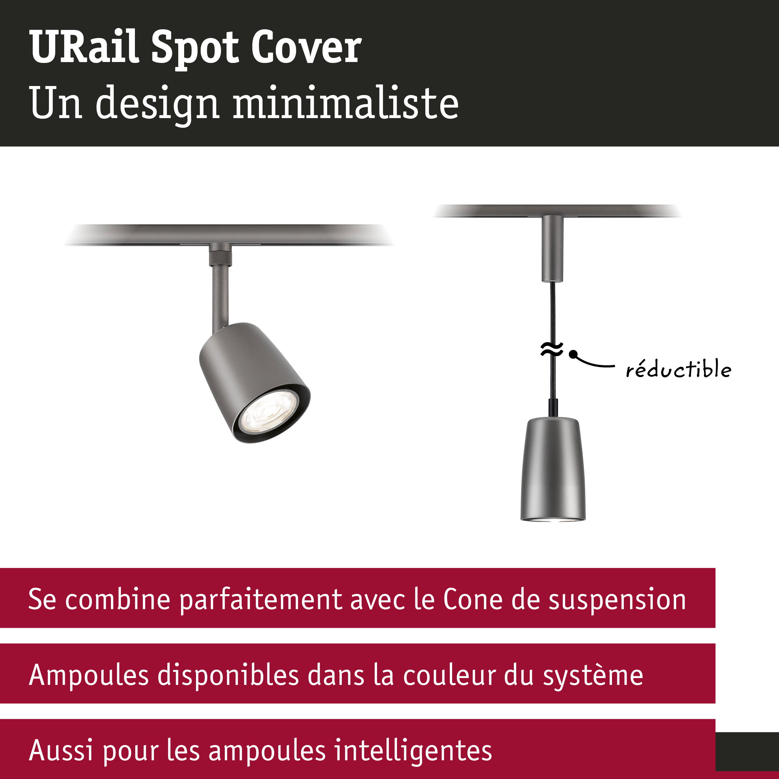 URail Spot sur rail Cover Spot individuel GU10 max. 10W gradable 230V Titanium