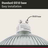 Close-up of GU10 lamp base with clear textured glass reflector for LED lighting fixtures