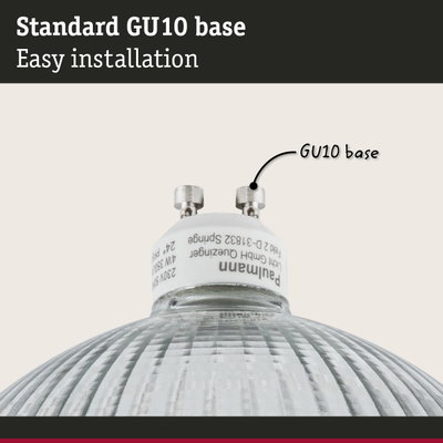 Close-up of GU10 lamp base with clear textured glass reflector for LED lighting fixtures