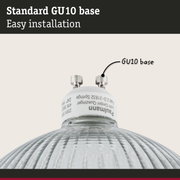 Close-up of GU10 lamp base with clear textured glass reflector for LED lighting fixtures
