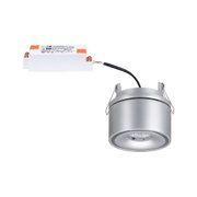 Silberner LED-Einbaustrahler aus Aluminium mit weißem und orangefarbenem Netzteil, Kabelanschluss sichtbar