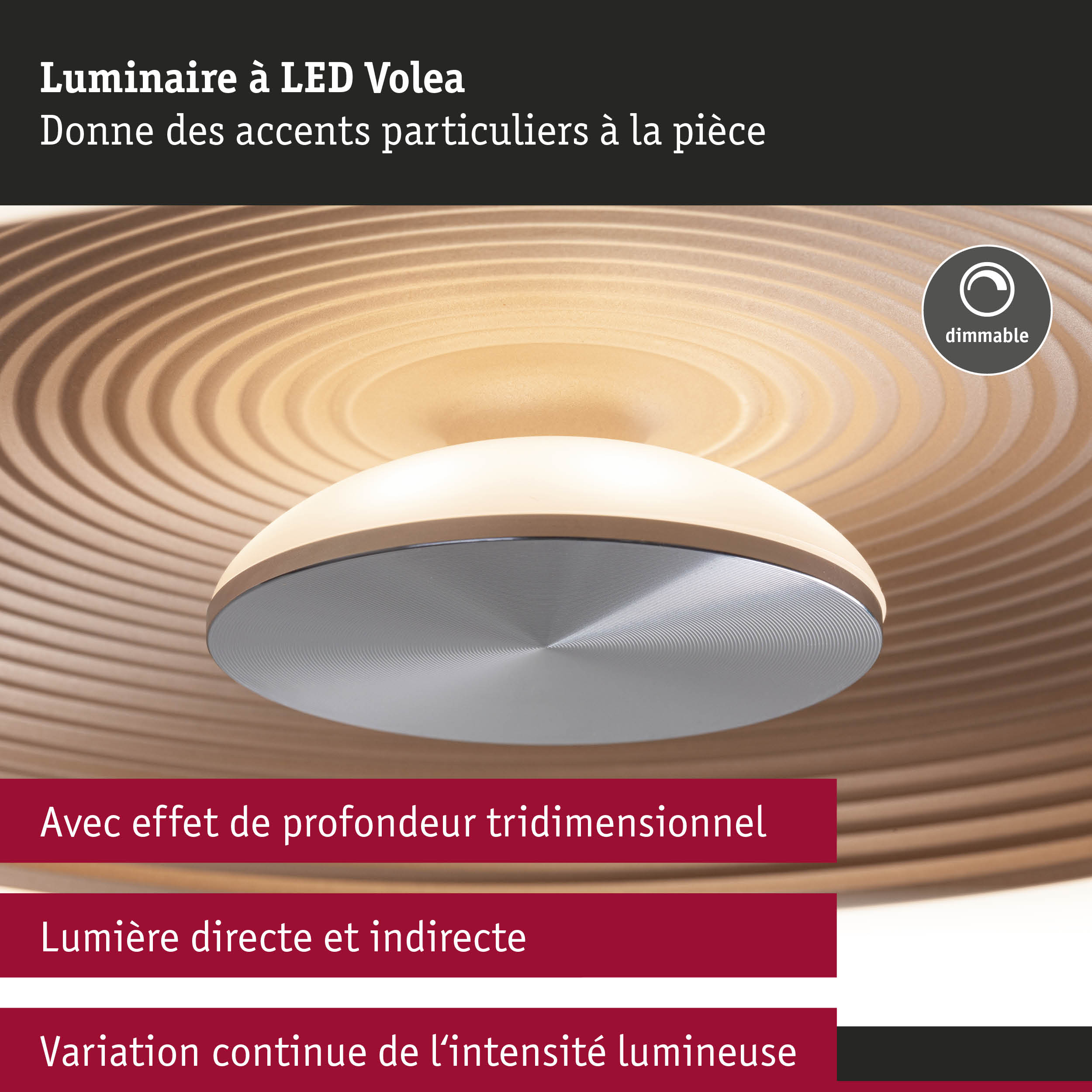 Luminaire LED Volea en bois beige avec fonction dimmable et effet de profondeur tridimensionnel