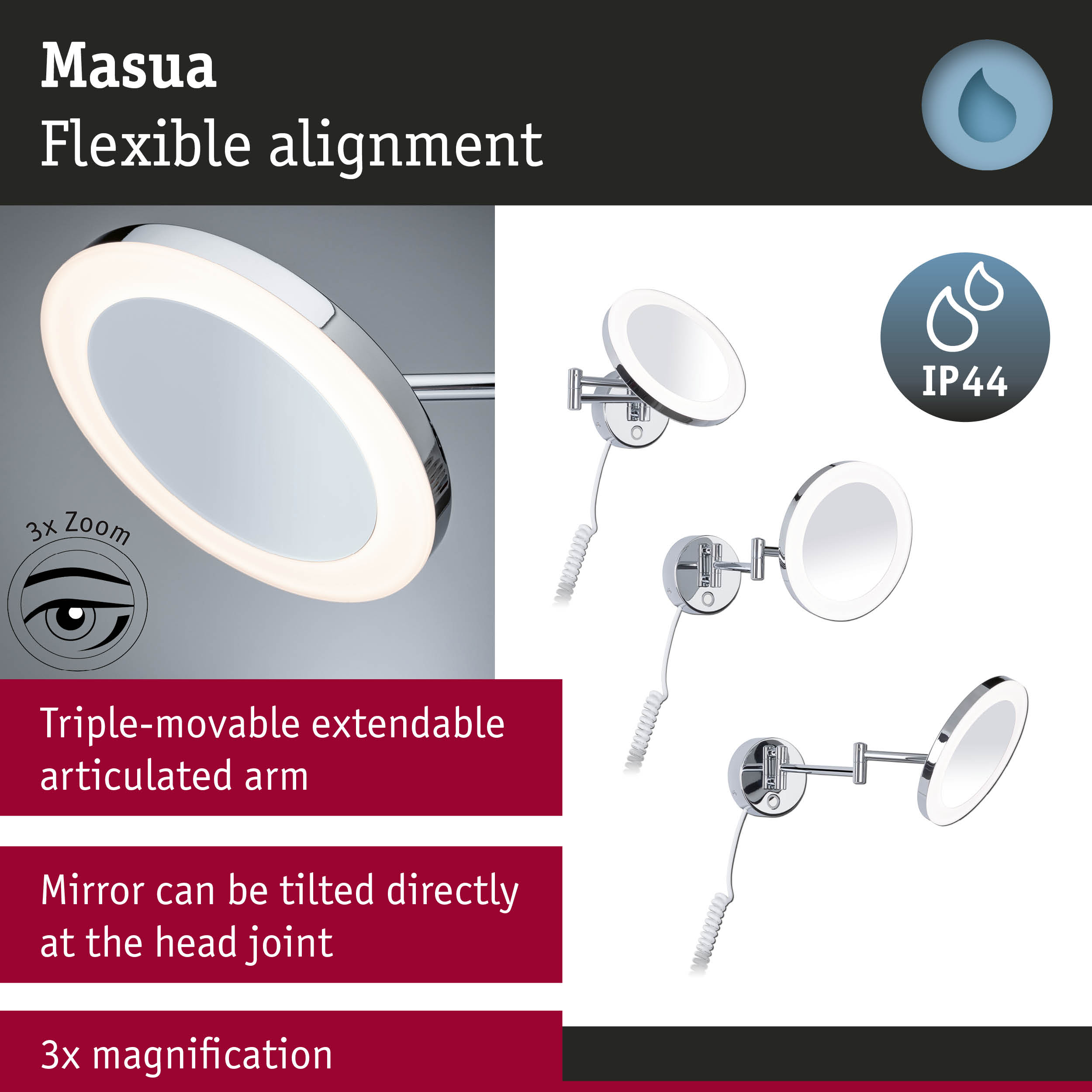 Chrome wall mirror with LED ring, IP44 protection, 3x magnification and flexible extendable arm
