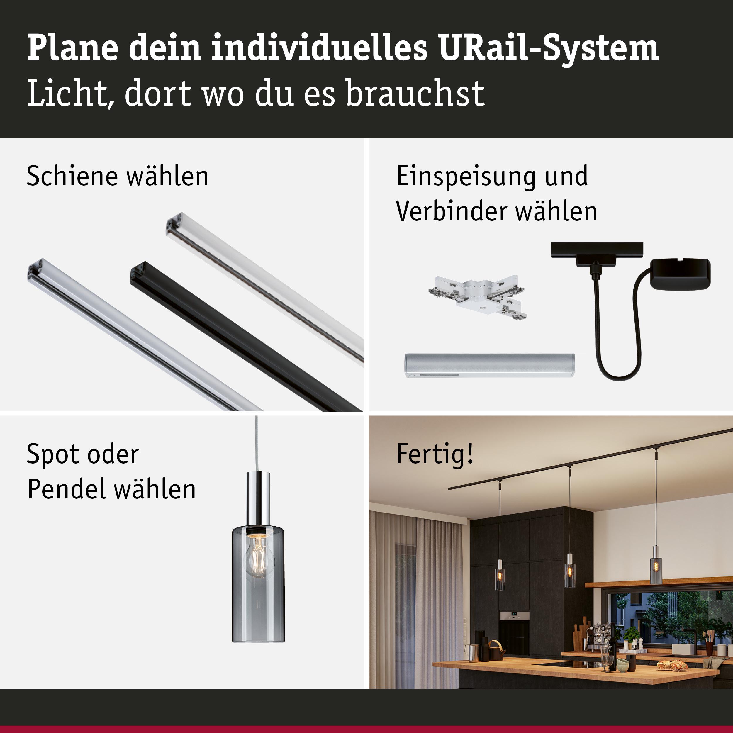Anleitung zur Planung eines URail-Systems mit Schienen, Verbindern und Pendelleuchten in moderner Küche