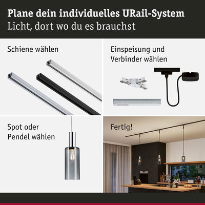 Anleitung zur Planung eines URail-Systems mit Schienen, Verbindern und Pendelleuchten in moderner Küche