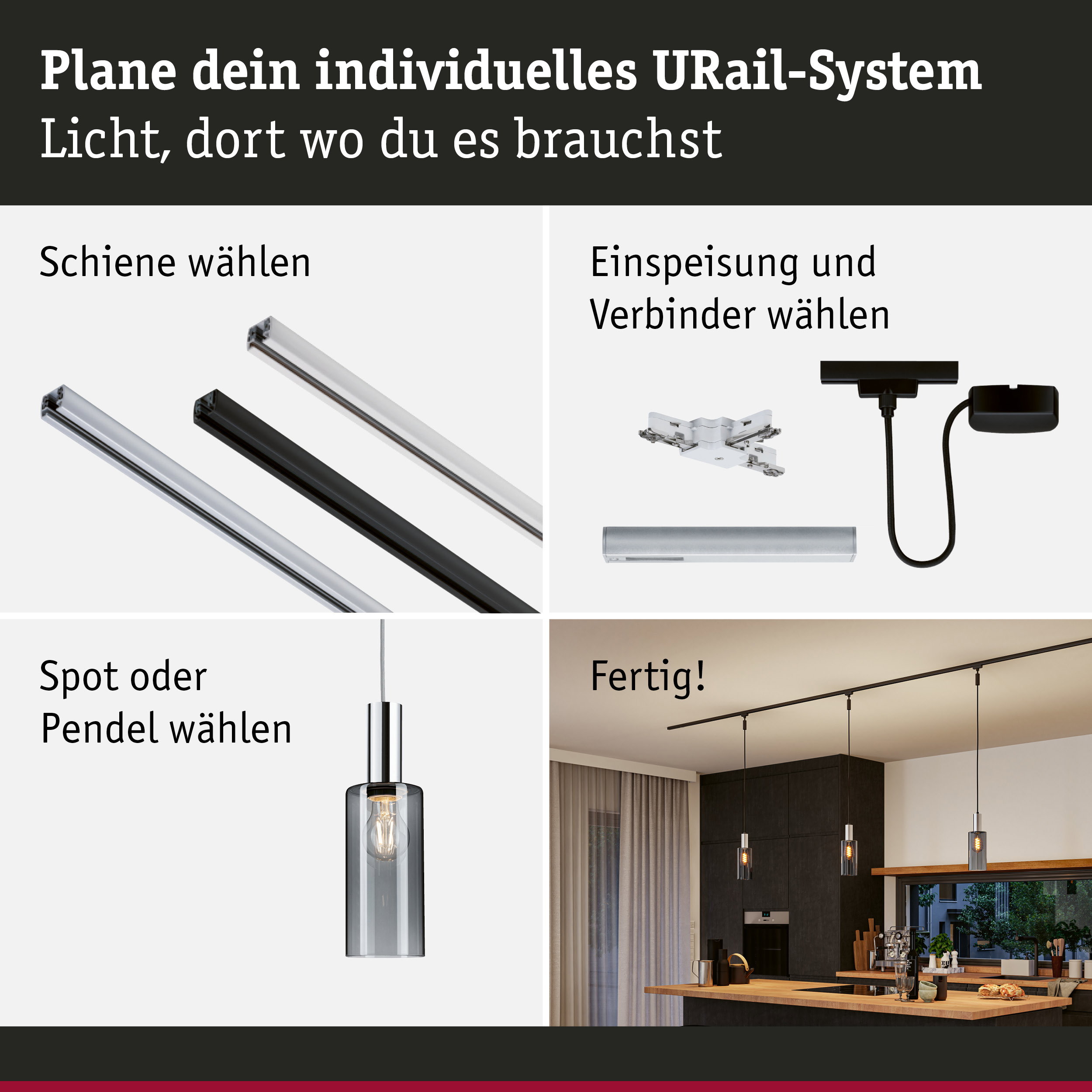 Modulares URail-Schienensystem mit Aluminium-Schienen in Schwarz und Weiß für flexible Beleuchtung.