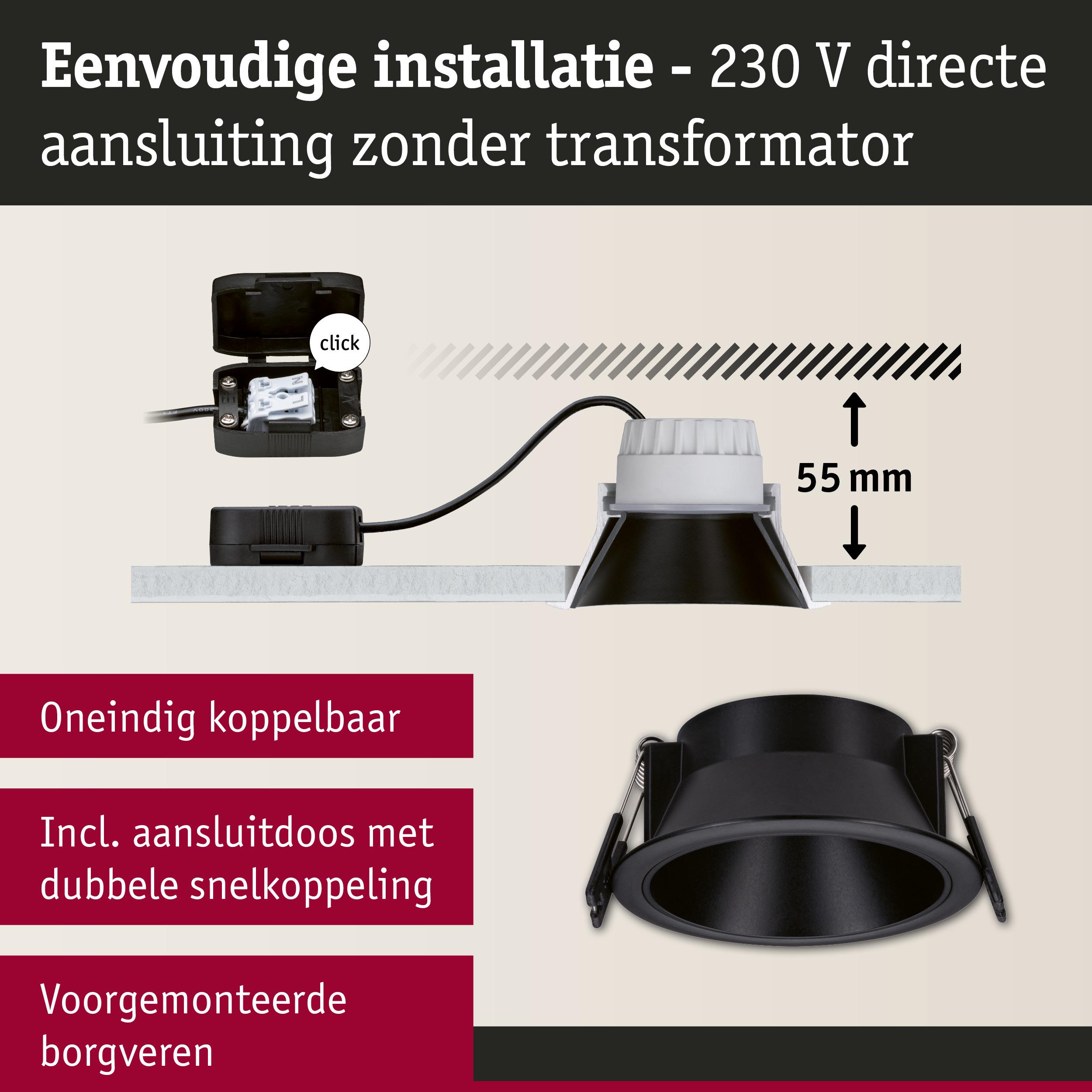 Zwarte inbouwspot met 55 mm inbouwdiepte en 230 V directe aansluiting zonder transformator