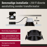 Zwarte inbouwspot met 55 mm inbouwdiepte en 230 V directe aansluiting zonder transformator