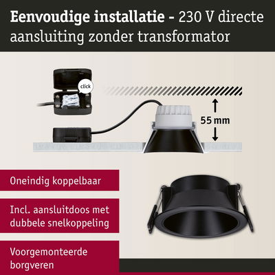 Zwarte inbouwspot met 55 mm inbouwdiepte en 230 V directe aansluiting zonder transformator
